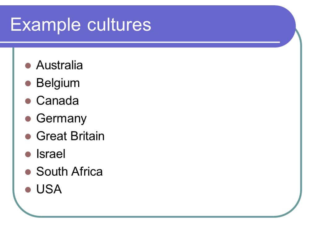 Example cultures Australia Belgium Canada Germany Great Britain Israel South Africa USA